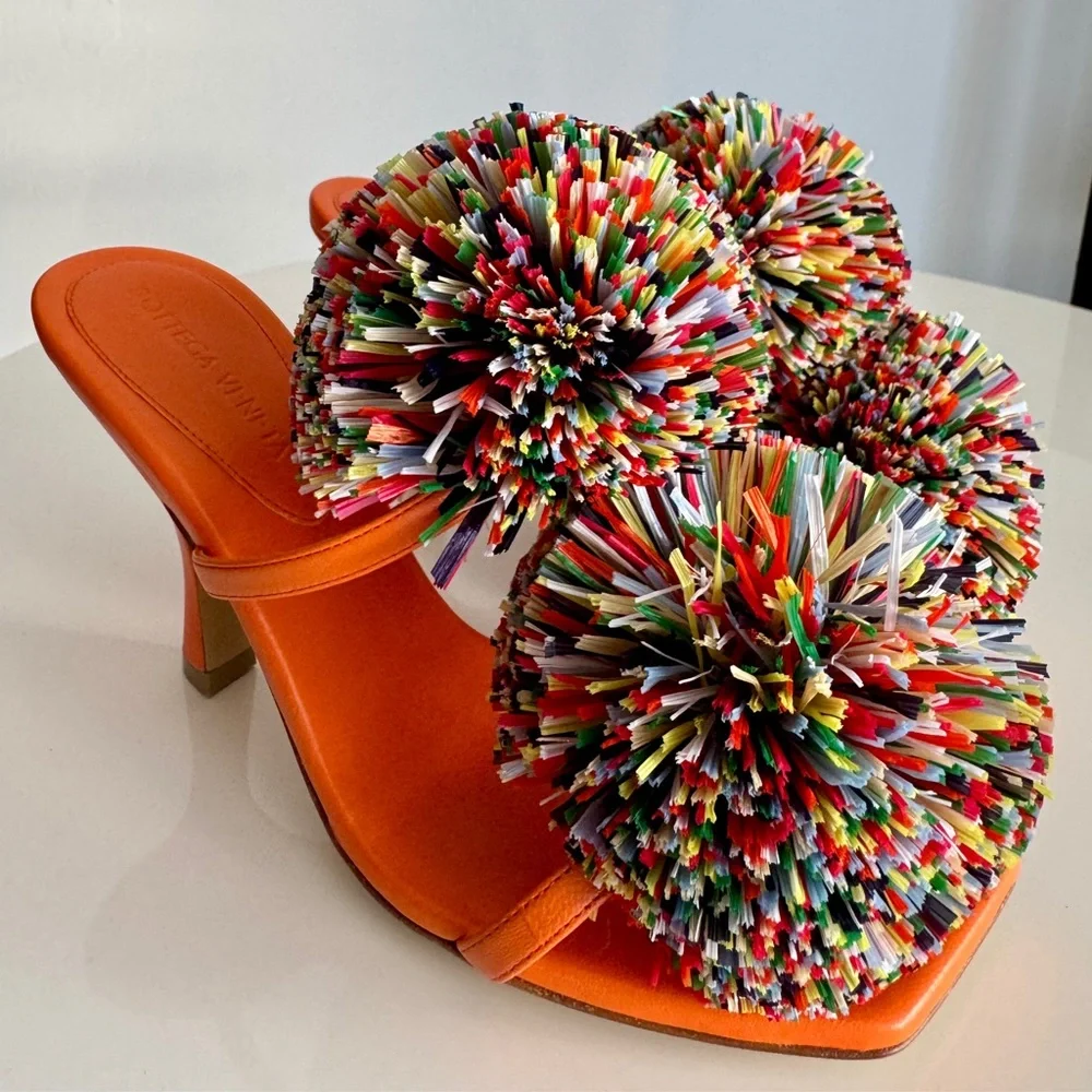 Bottega Veneta *NEW* Leather Orange Multicolor Pom Pom Heels- Size 6.5 US - Picture 3 of 10